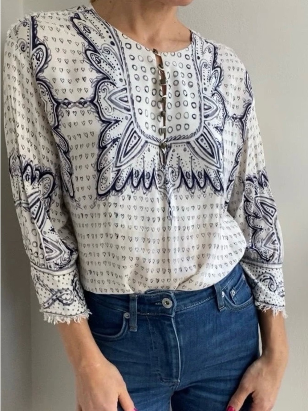 Anthropologie Maeve Morgan Heart Print Peasant Top Boho Preppy Coastal XS